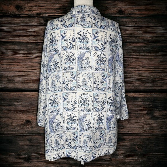 C&C California 100% Linen Blouse 2X Blue White Tile Beach Coastal Key West Tunic - Picture 6 of 10